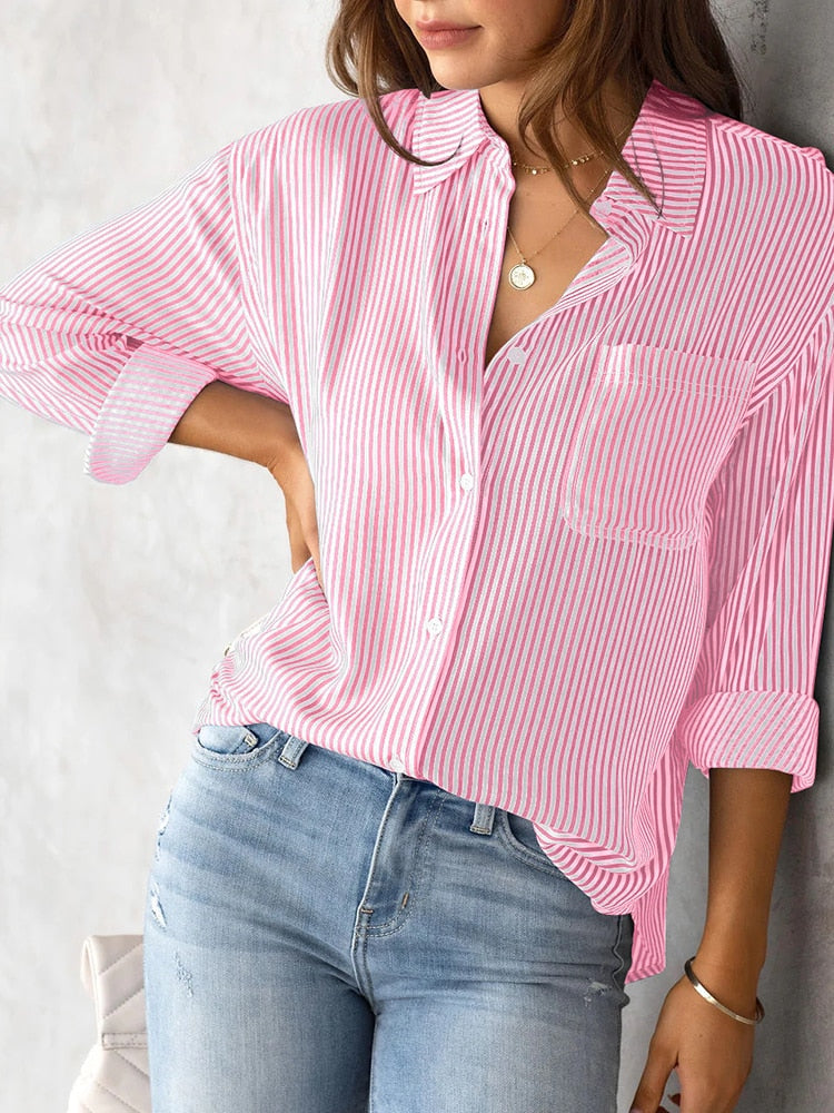 Long Sleeve Striped Button Up Tops