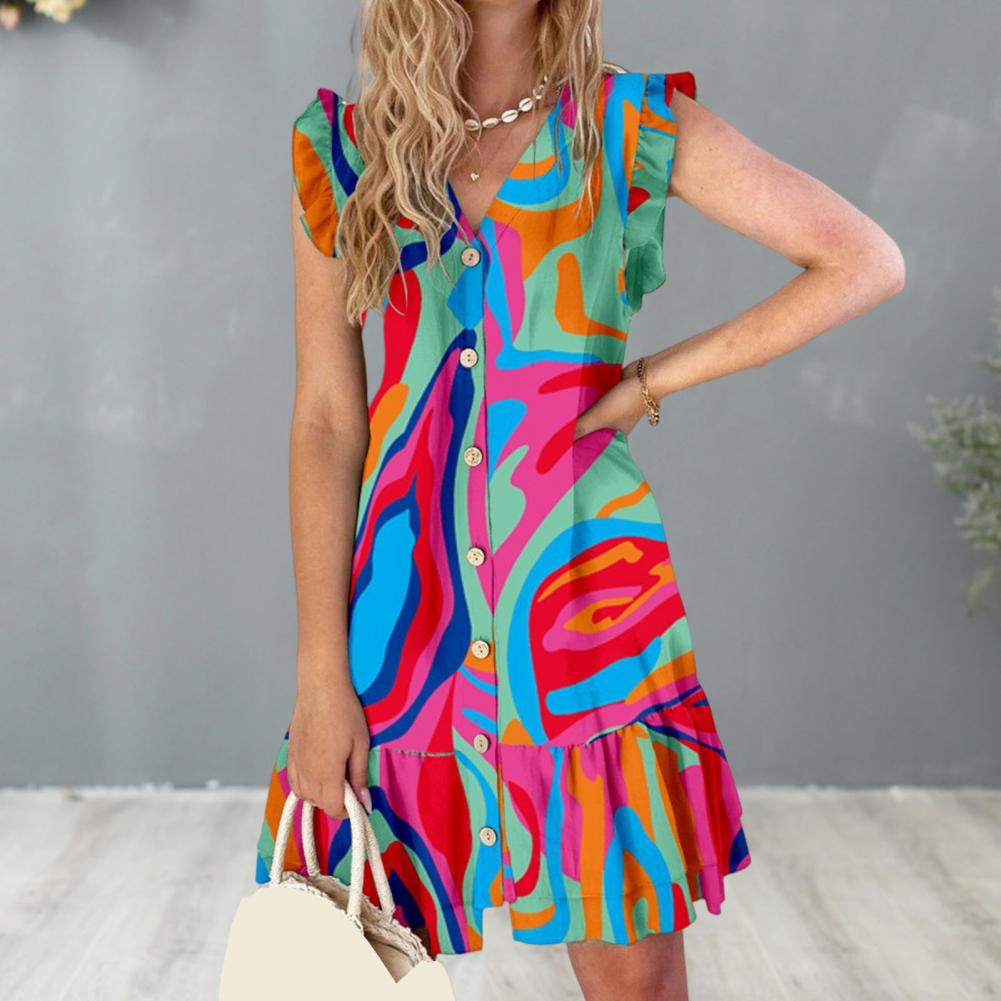 Elegant V Neck Lace Up Printed Short Sleeve Ruffle Design Flower Mini Dress