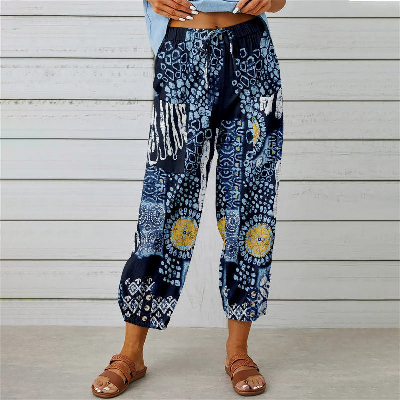Pocket Loose Drawstring High Waist Retro Print Pants