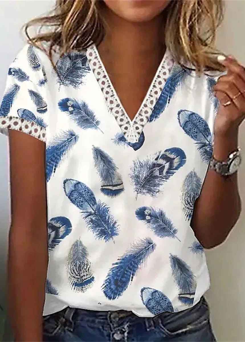 V-neck Lace Printed Sleeve Hem Lace Trimmed Short-sleeved T-shirt