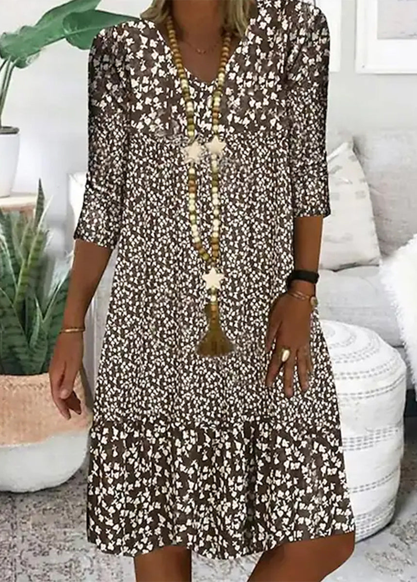 Printed Mid-Sleeve V-Neck Dress