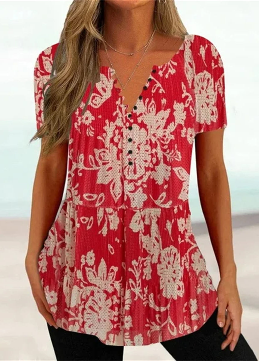 V-neck Button Printed Short-sleeved T-shirt