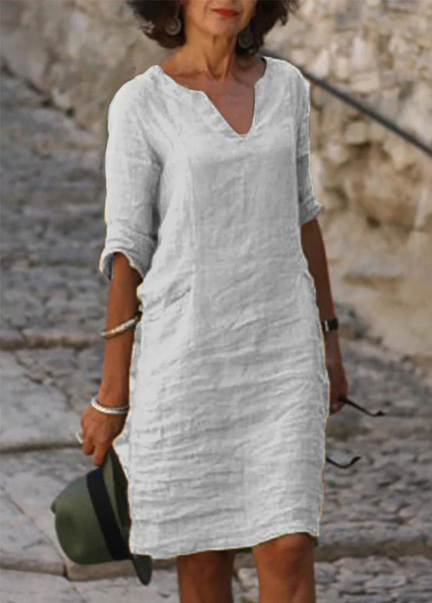 Cotton And Linen Small V-Neck Splicing Retro Solid Color Seven-Point Sleeve Dress