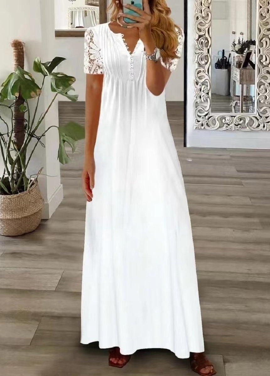 V-neck Single-breasted Lace Edge Short Sleeve Floral Print Dress
