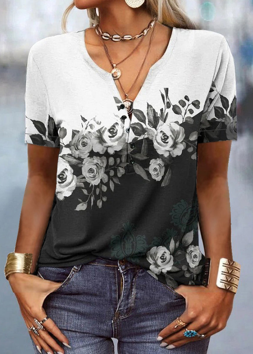 Printed Ethnic Style V-neck Short Sleeve T-shirt