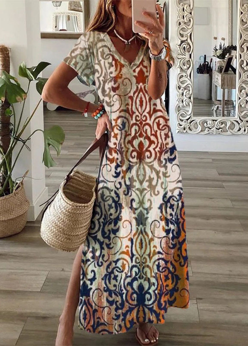 Printed Slit Short-Sleeved Dress