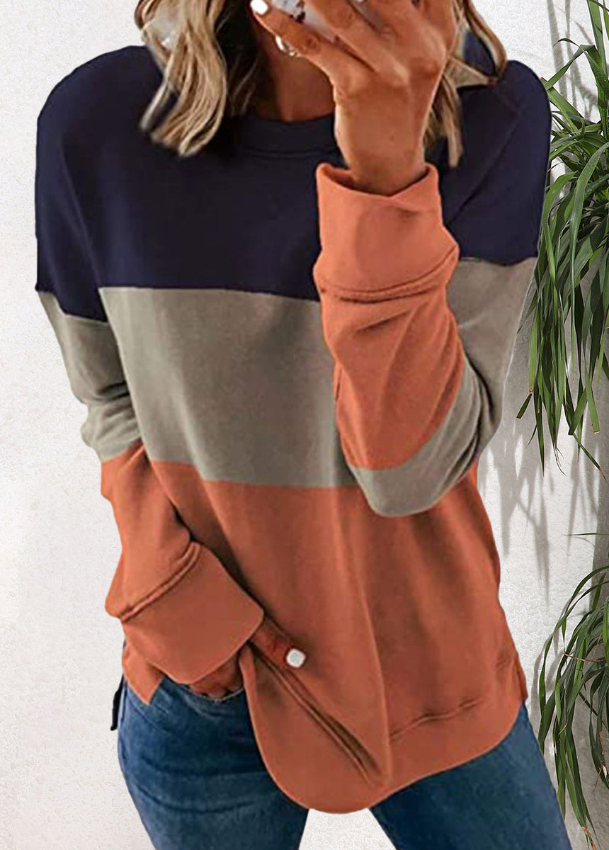 Spliced Color Block Round Neck Loose Long-sleeved Top