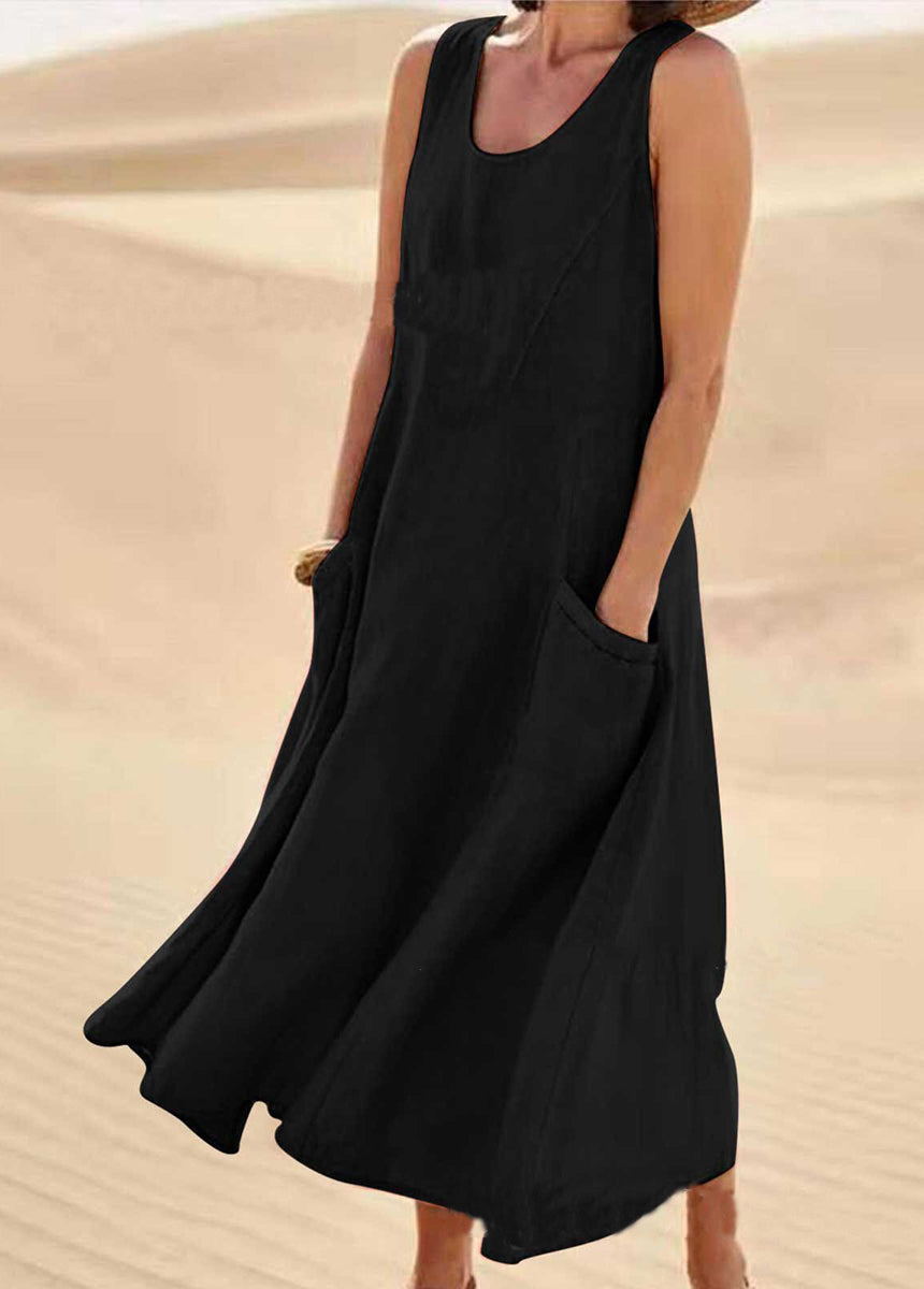 Solid Color Sleeveless Cotton And Linen Dress