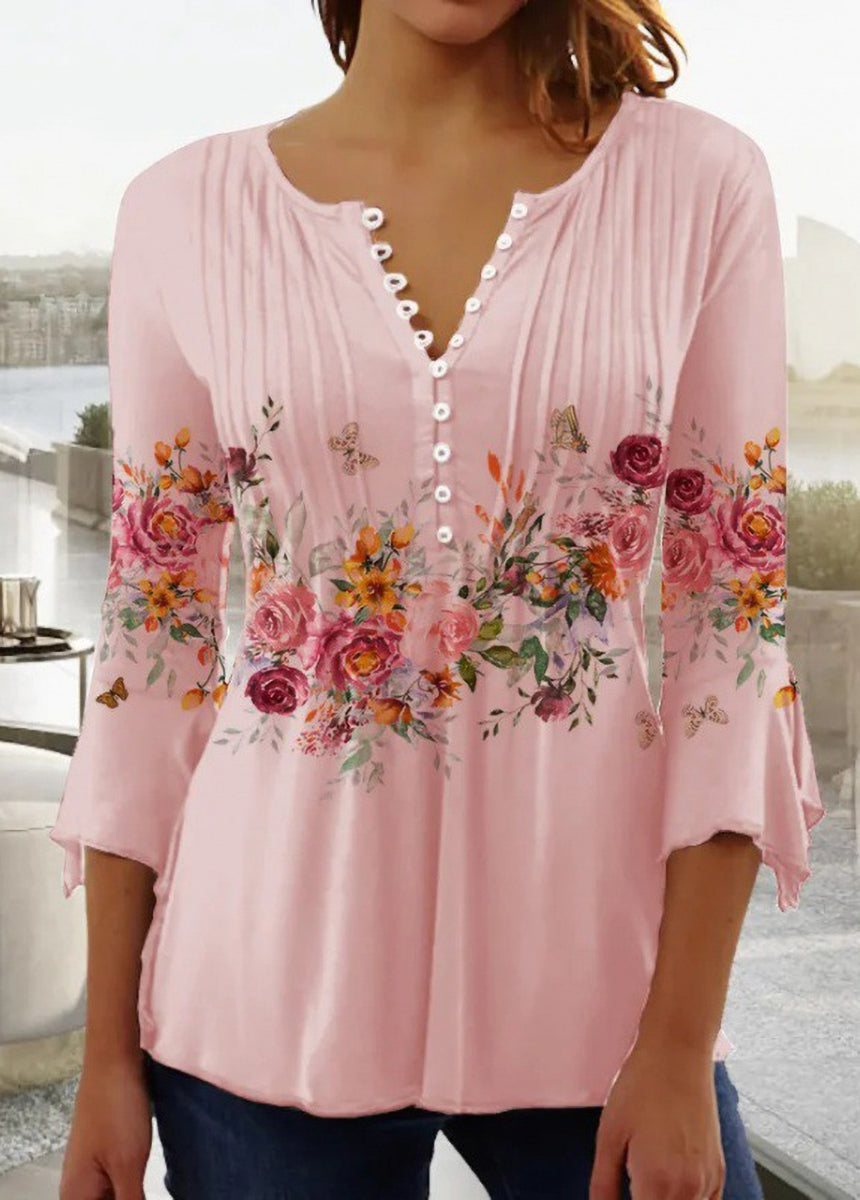 Floral Printed V-neck Short Sleeve Pleated Button-Up T-Shirt