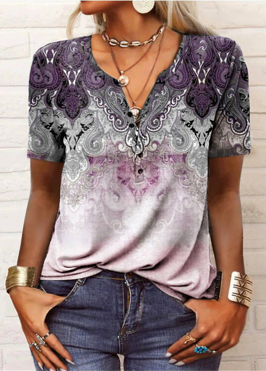Printed Ethnic Style V-neck Short Sleeve T-shirt