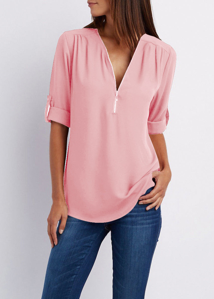 V-neck Zipper Loose Fit Chiffon Long Sleeve Shirt