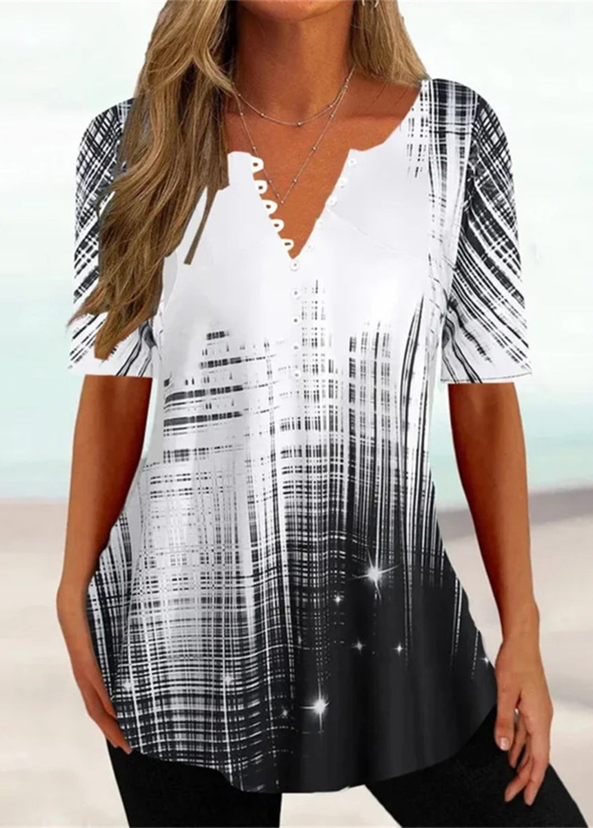 V-Neck Short Sleeve Button Striped Print T-Shirt