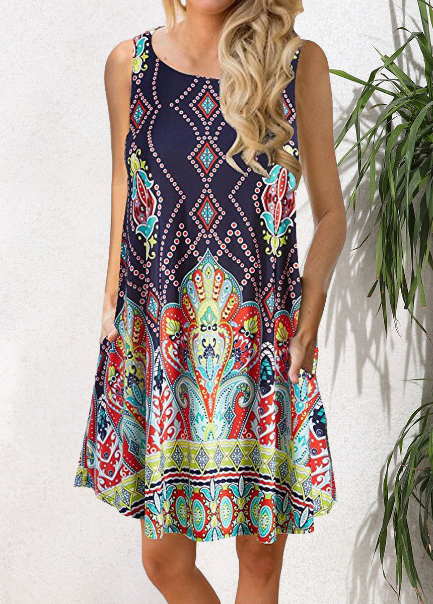 Sleeveless Pullover Printed Pocket Swing Round Neck Vest Dress