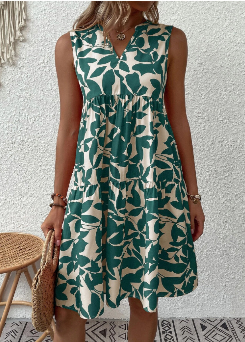 Bohemian V-Neck Pleated Printed Dress