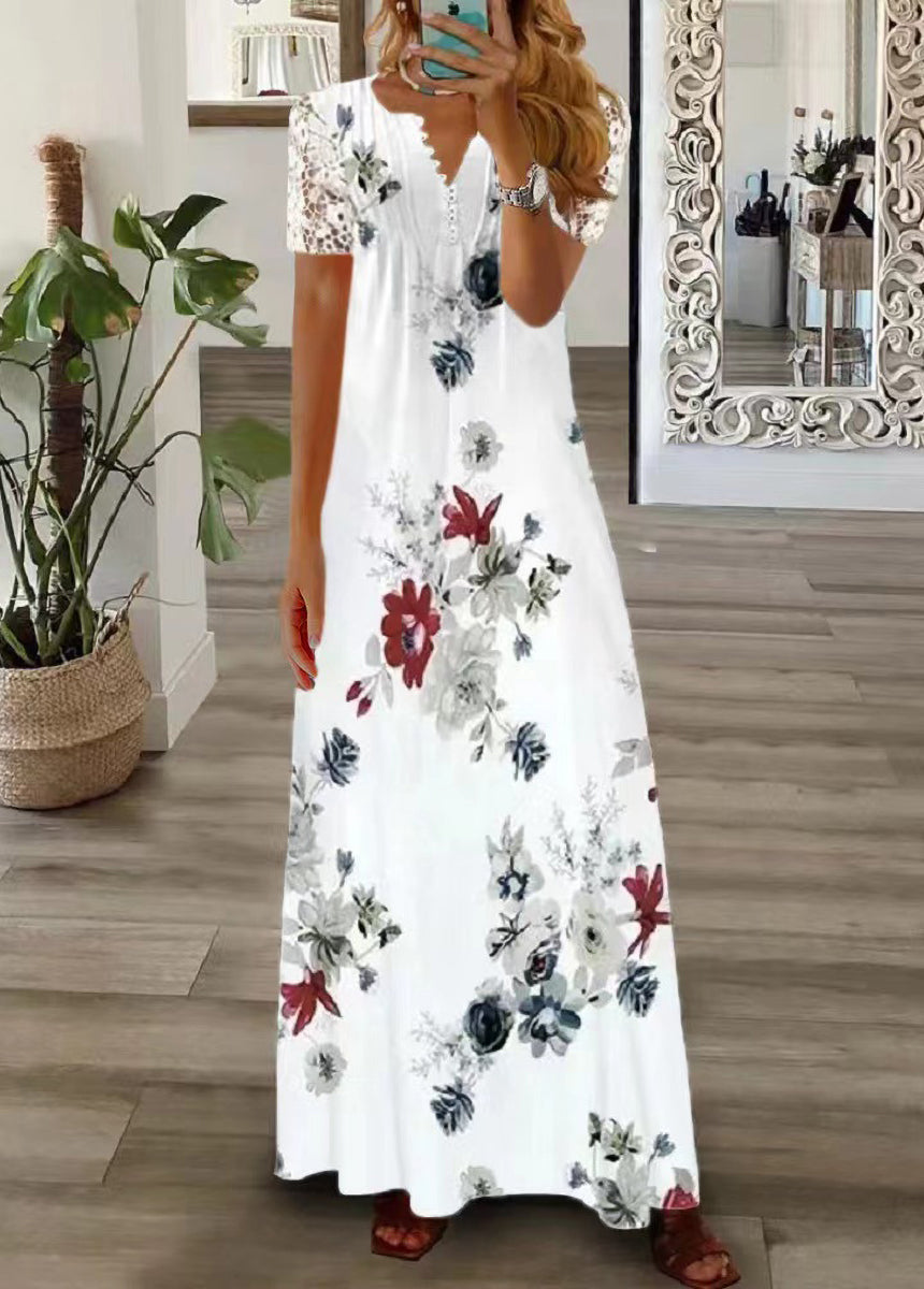 V-neck Single-breasted Lace Edge Short Sleeve Floral Print Dress