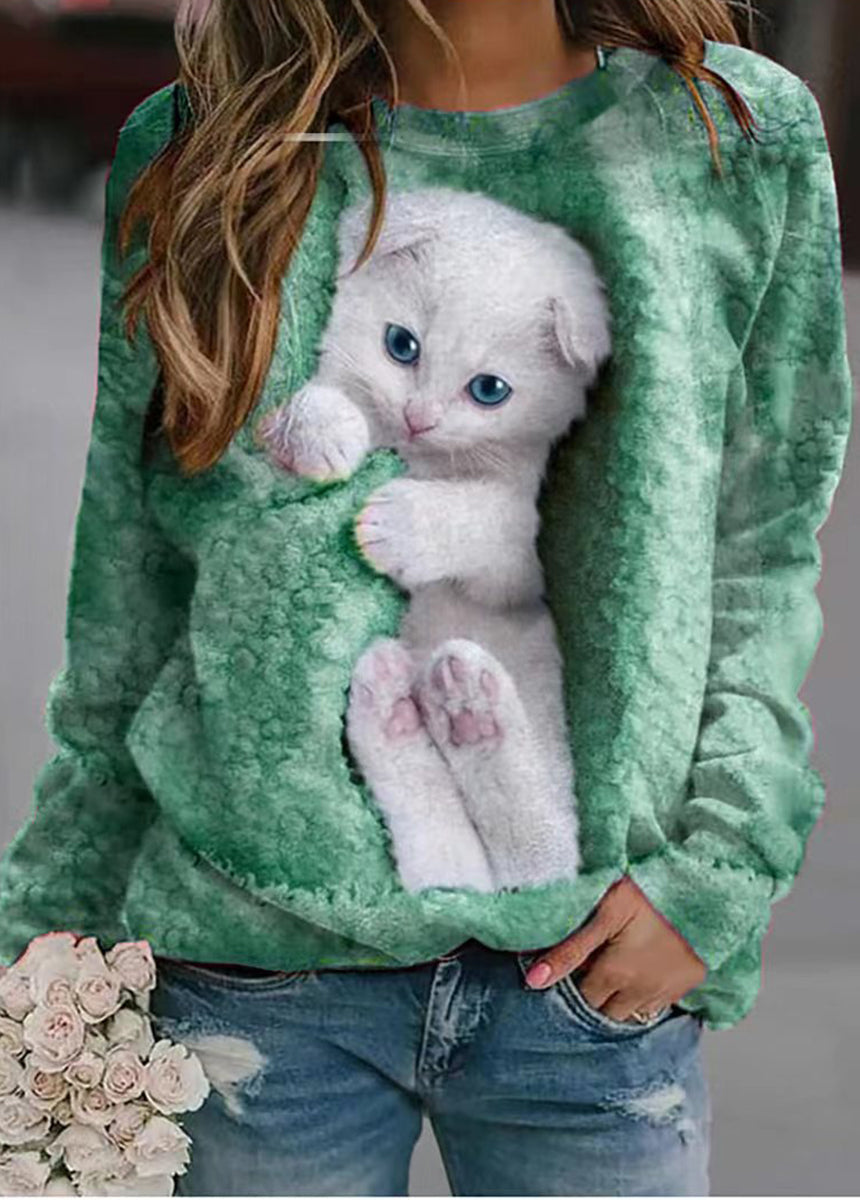 Animal Print Loose Fit Long Sleeve Round Neck T-Shirt