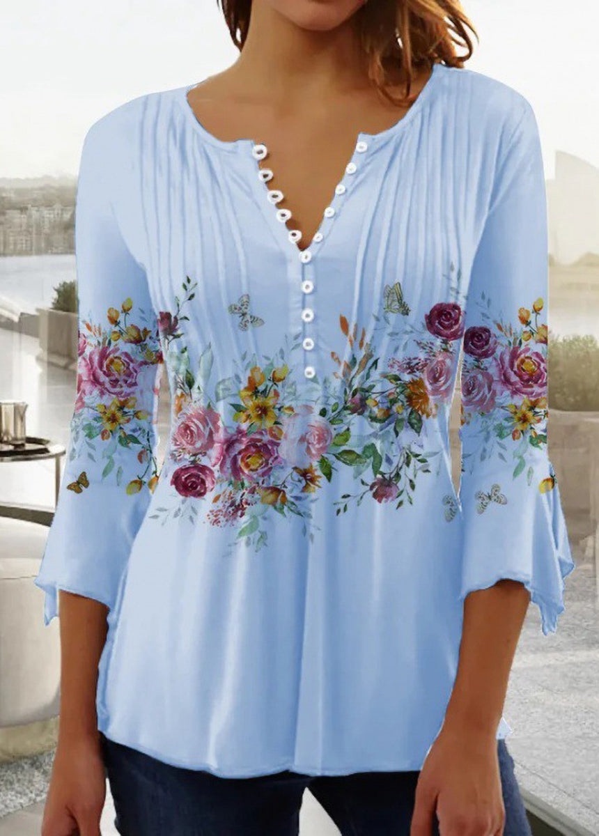 Floral Printed V-neck Short Sleeve Pleated Button-Up T-Shirt