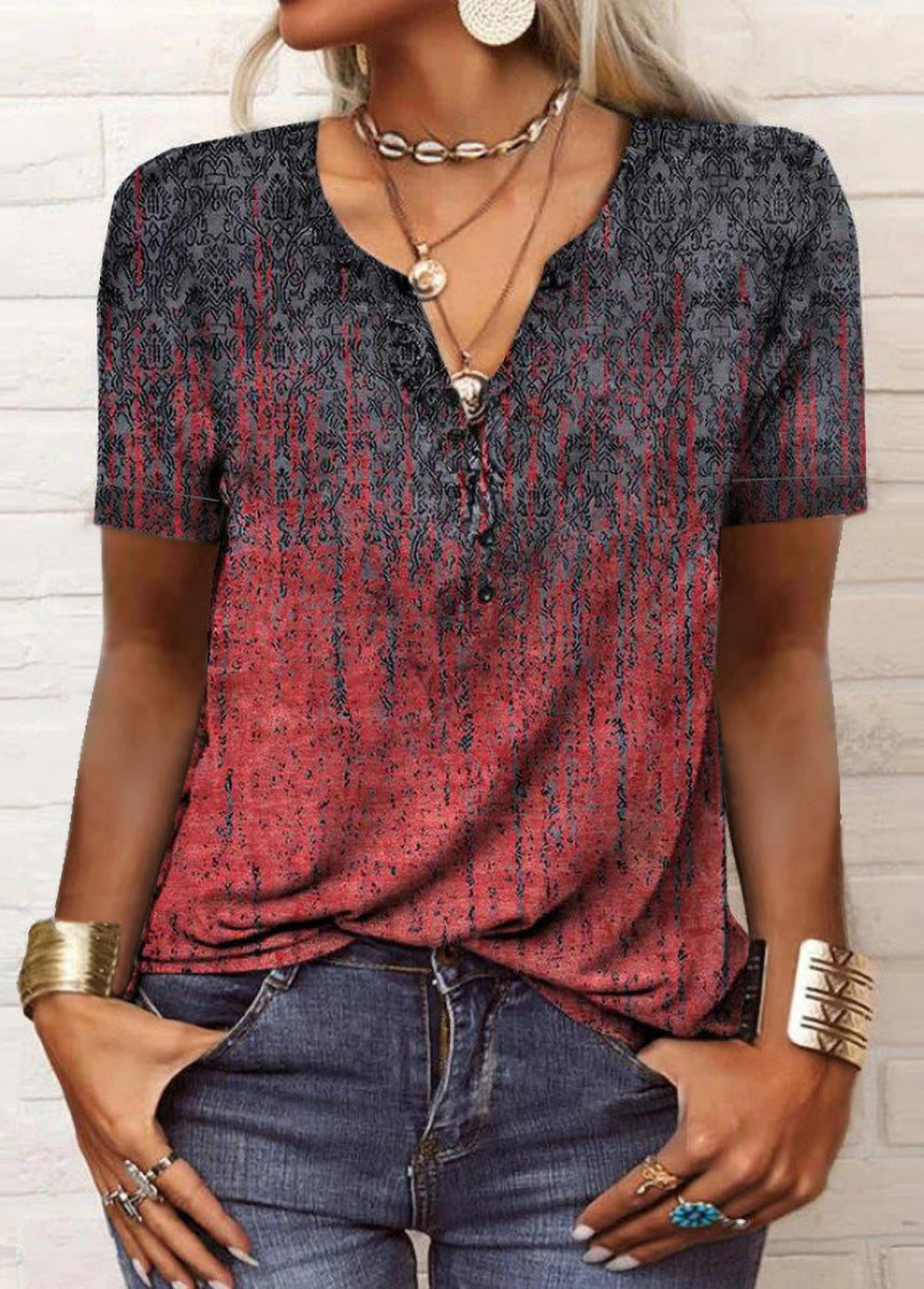 Printed Ethnic Style V-neck Short Sleeve T-shirt