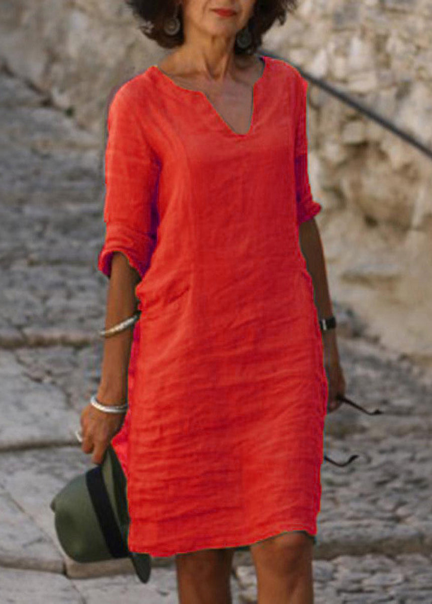 Cotton And Linen Small V-Neck Splicing Retro Solid Color Seven-Point Sleeve Dress
