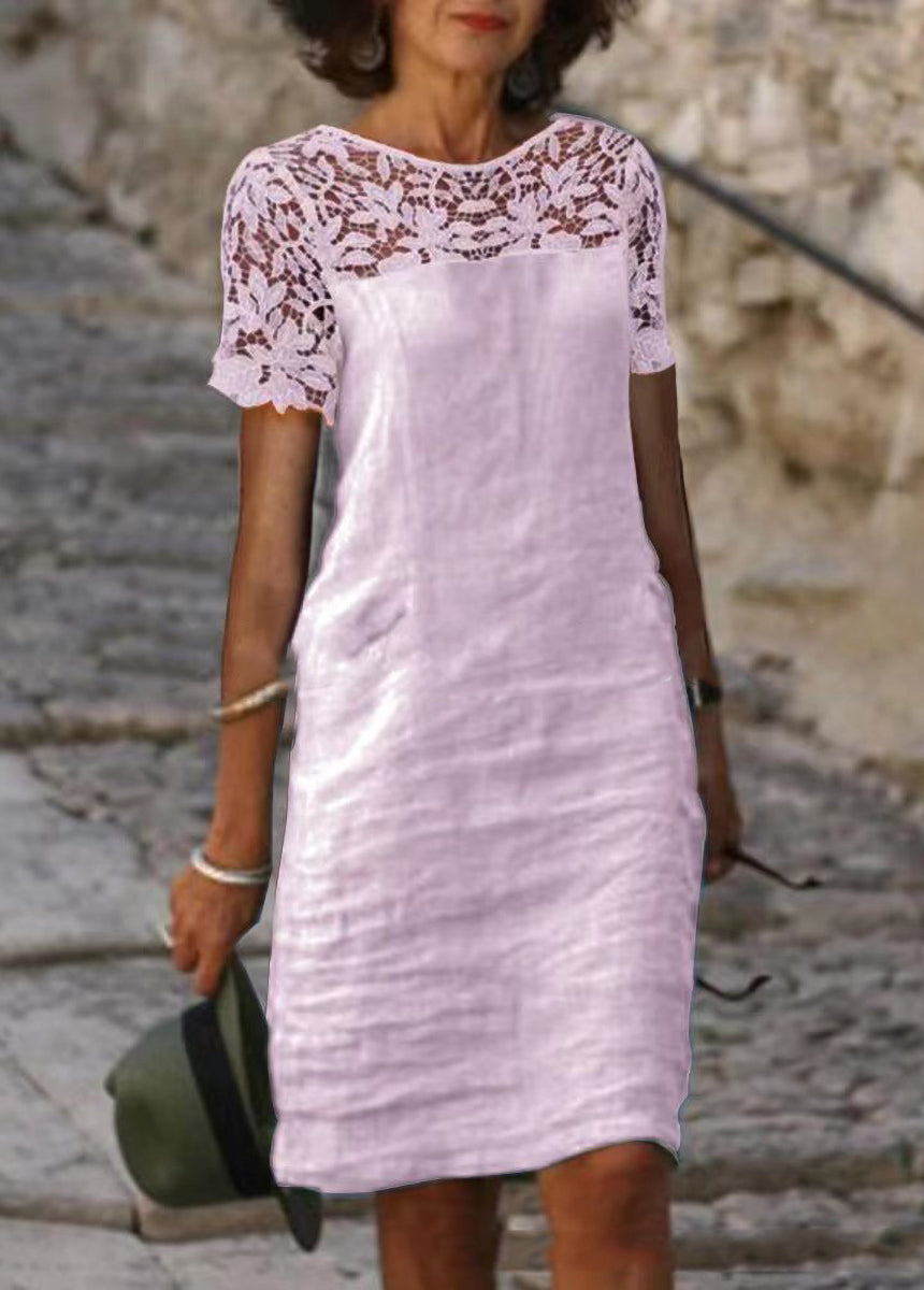 Lace Patchwork Crew Neck Solid Color Dress