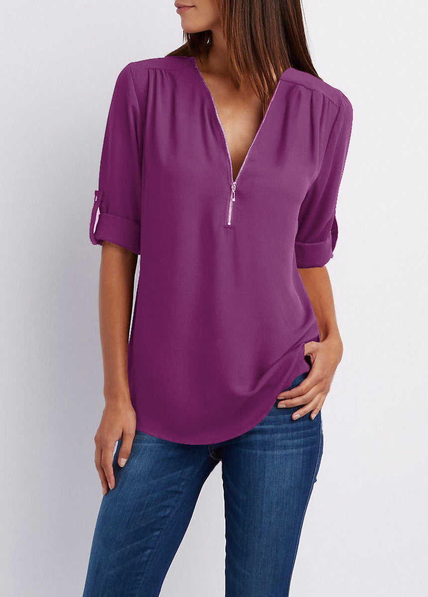 V-neck Zipper Loose Fit Chiffon Long Sleeve Shirt