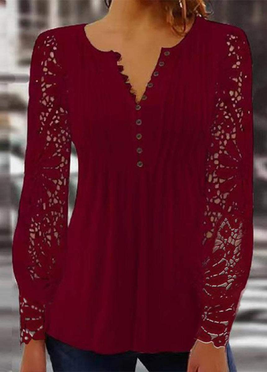 Lace Trim Pleated Solid Color Long Sleeve Button-Up T-Shirt