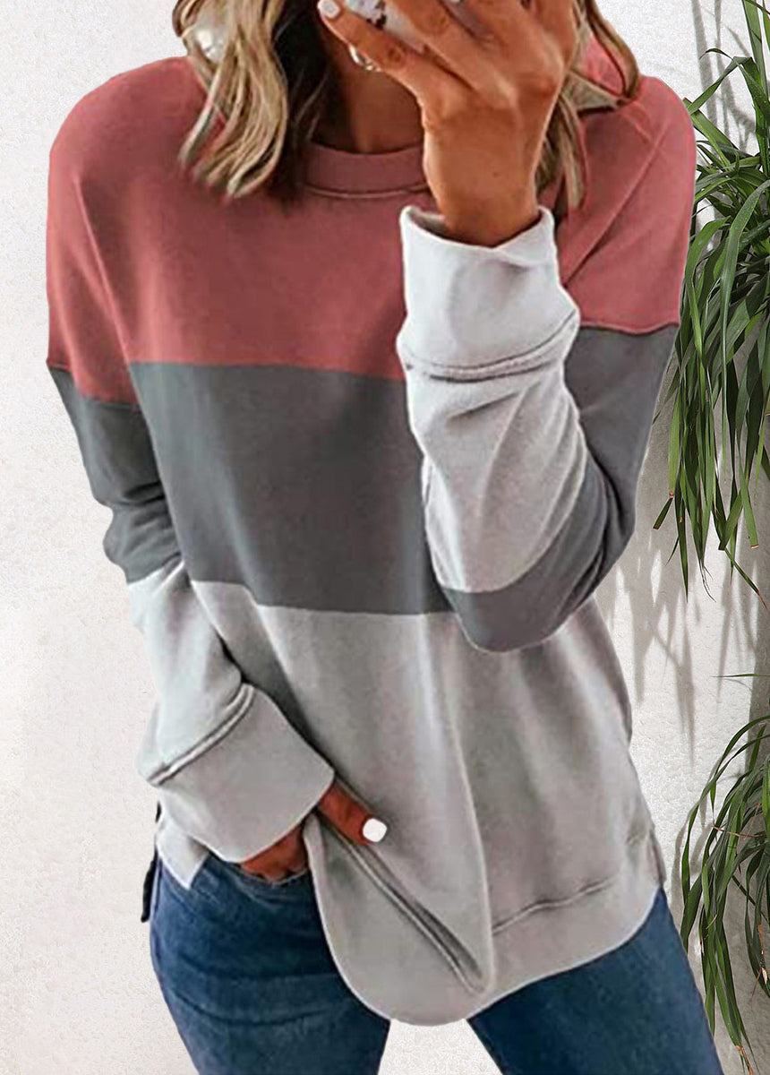 Spliced Color Block Round Neck Loose Long-sleeved Top