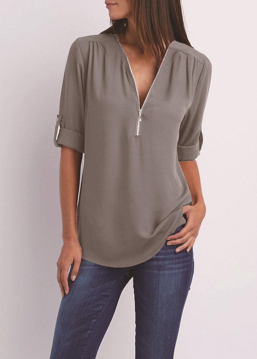 V-neck Zipper Loose Fit Chiffon Long Sleeve Shirt