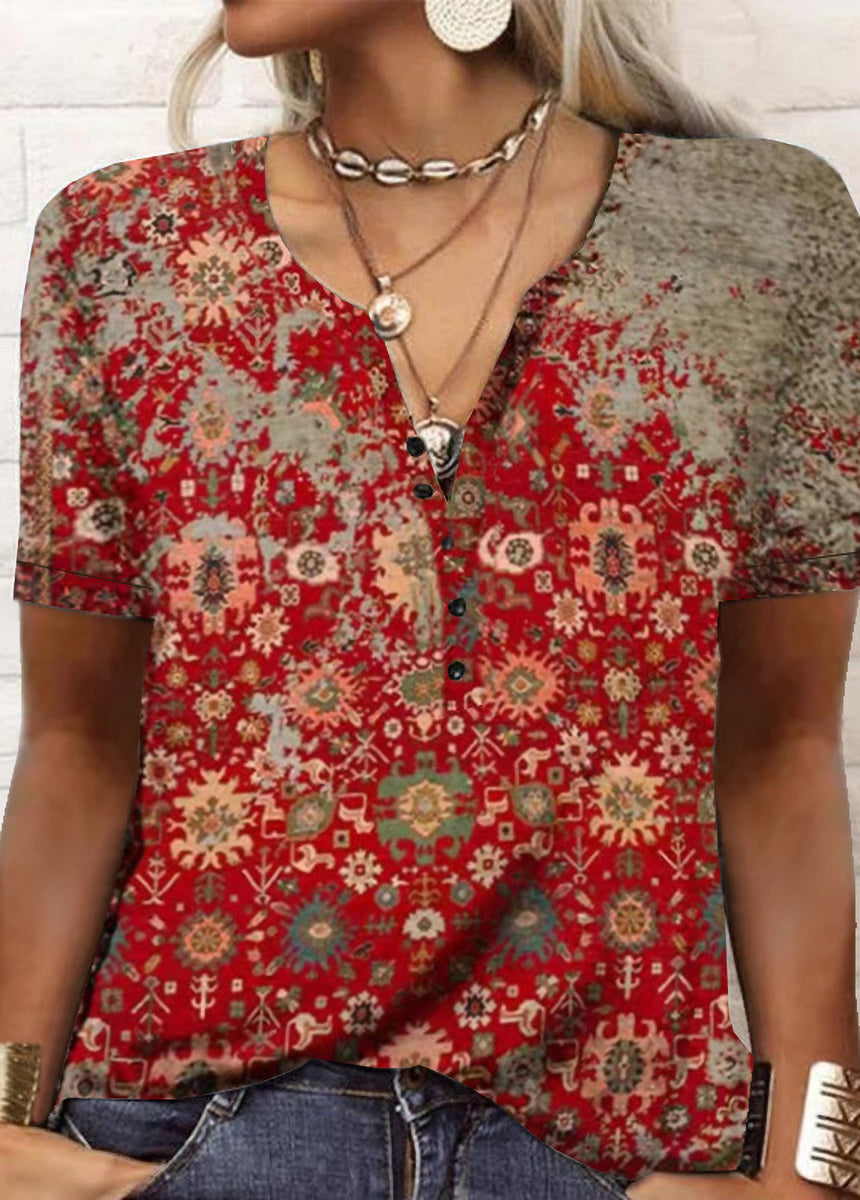 Printed Ethnic Style V-neck Short Sleeve T-shirt
