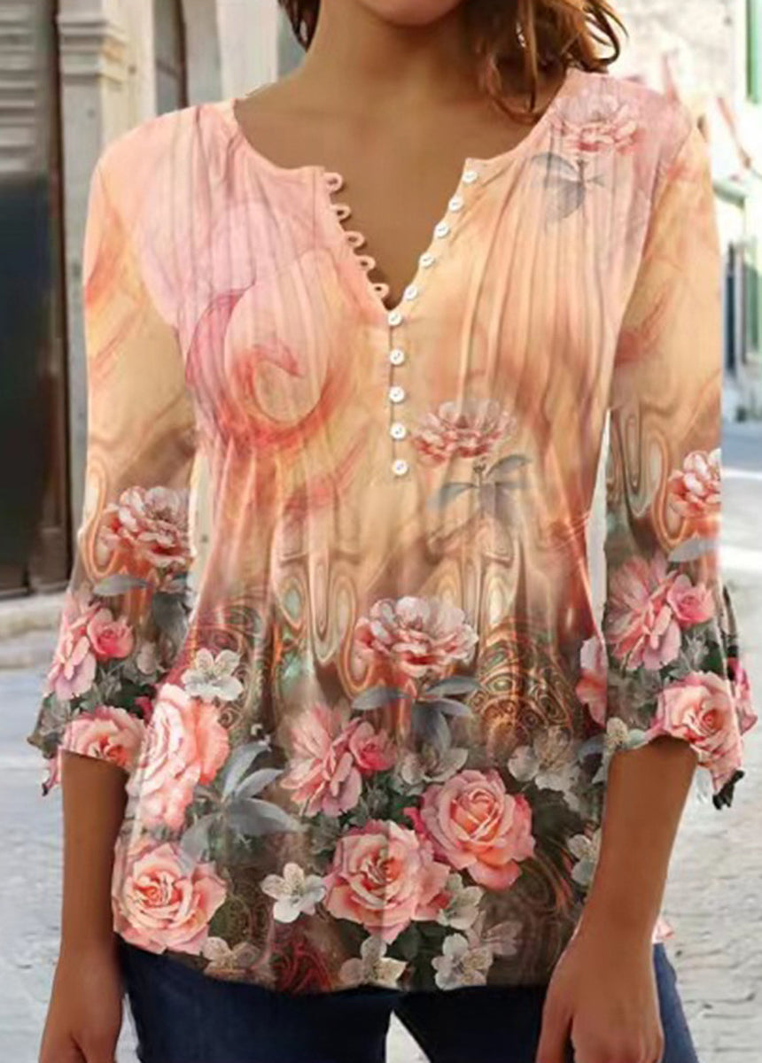 Floral Printed V-neck Short Sleeve Pleated Button-Up T-Shirt