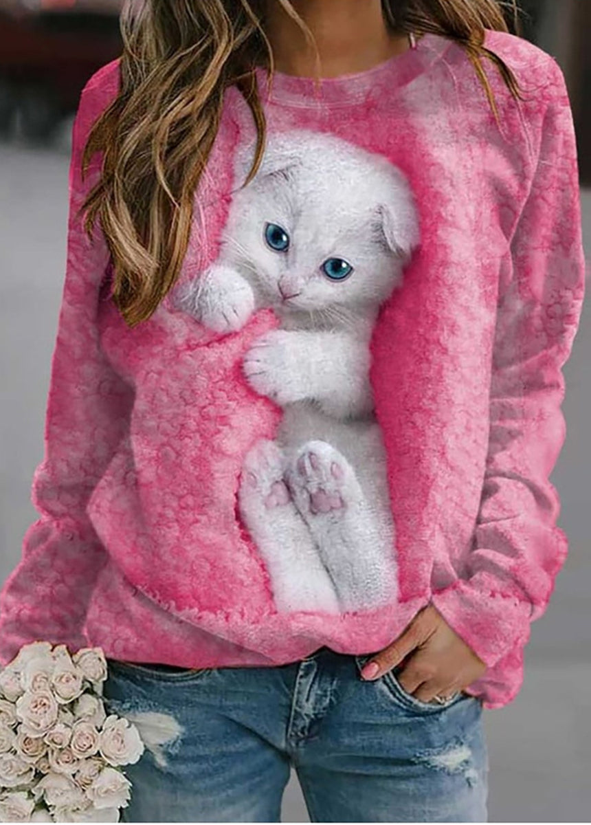 Animal Print Loose Fit Long Sleeve Round Neck T-Shirt