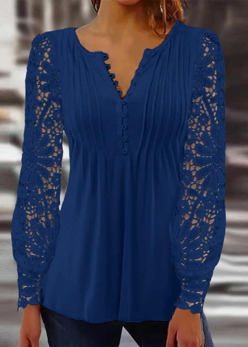 Lace Trim Pleated Solid Color Long Sleeve Button-Up T-Shirt