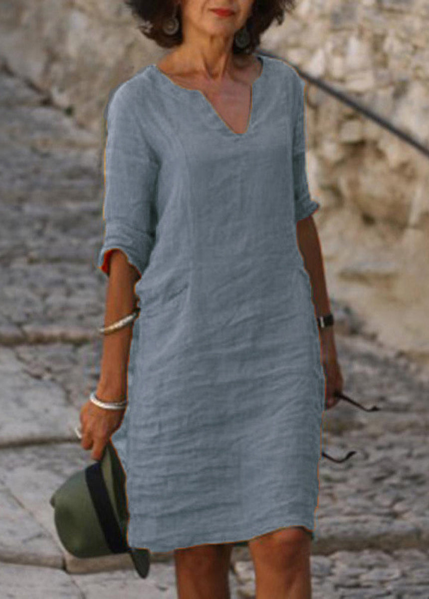 Cotton And Linen Small V-Neck Splicing Retro Solid Color Seven-Point Sleeve Dress