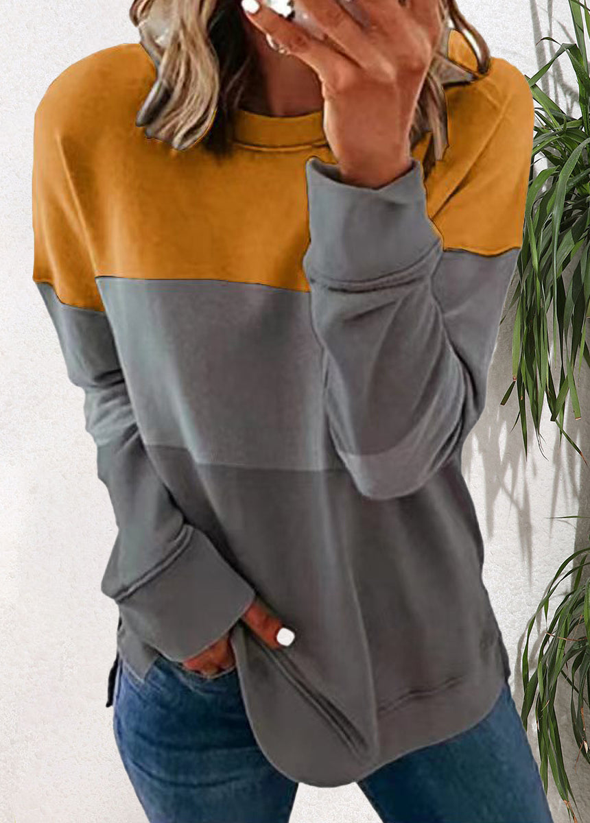 Spliced Color Block Round Neck Loose Long-sleeved Top