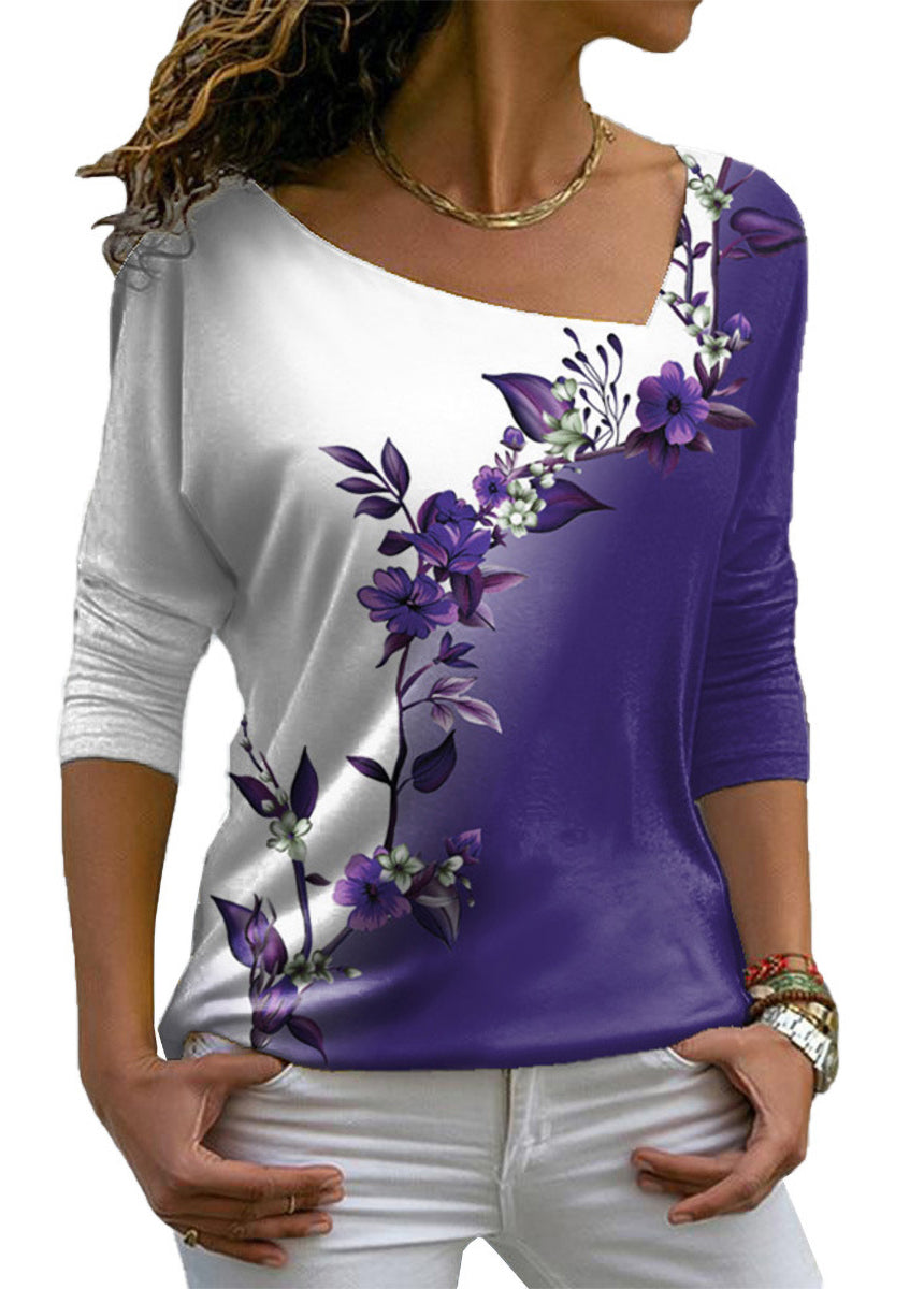 V-neck Floral Long-sleeved T-shirt