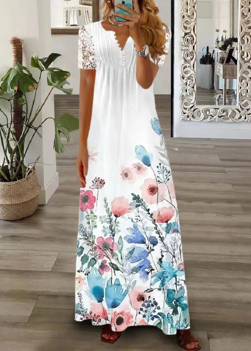 V-neck Single-breasted Lace Edge Short Sleeve Floral Print Dress