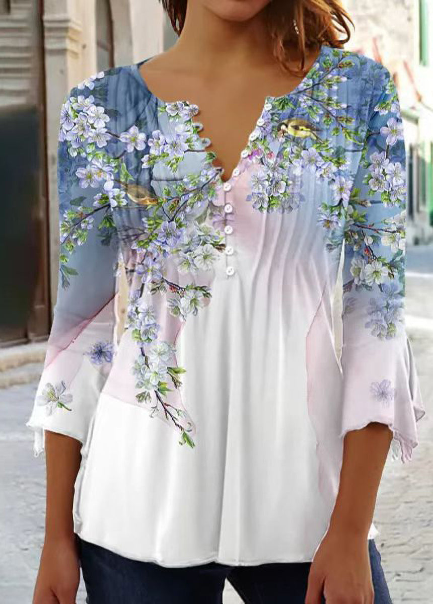 Floral Printed V-neck Short Sleeve Pleated Button-Up T-Shirt