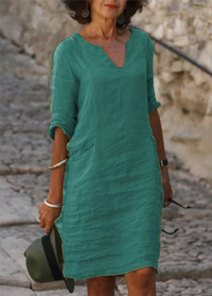 Cotton And Linen Small V-Neck Splicing Retro Solid Color Seven-Point Sleeve Dress