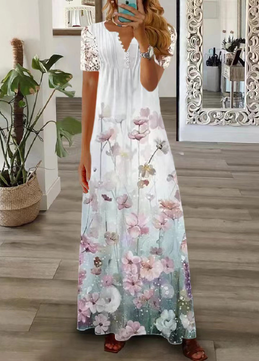 V-neck Single-breasted Lace Edge Short Sleeve Floral Print Dress