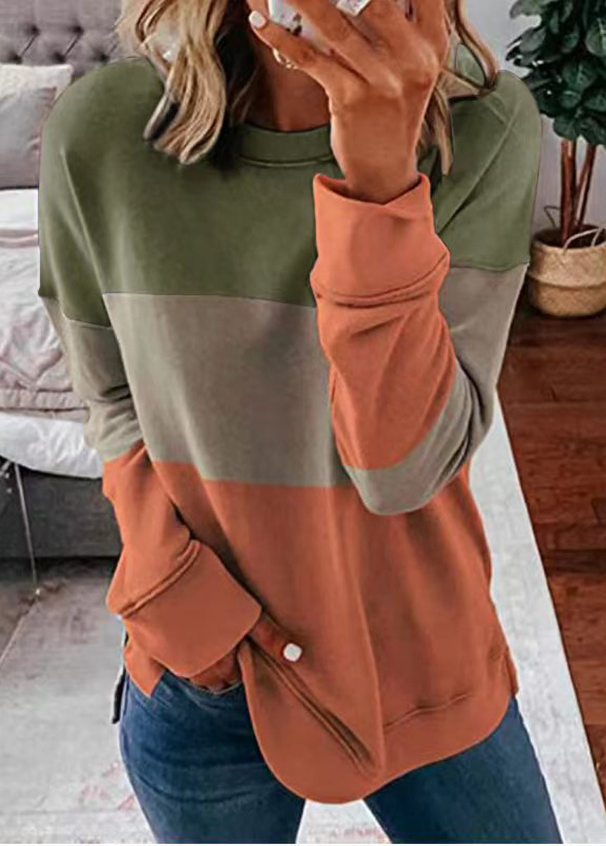 Spliced Color Block Round Neck Loose Long-sleeved Top