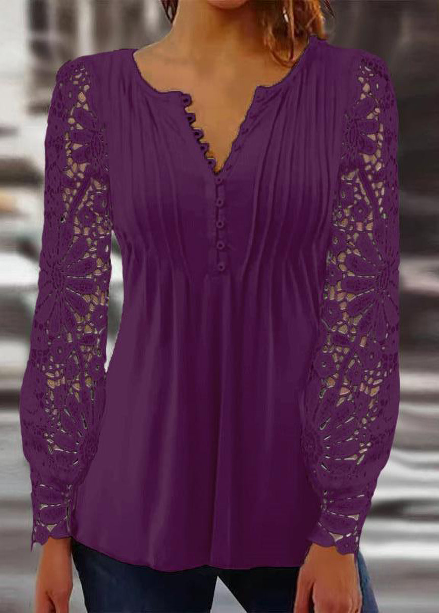 Lace Trim Pleated Solid Color Long Sleeve Button-Up T-Shirt