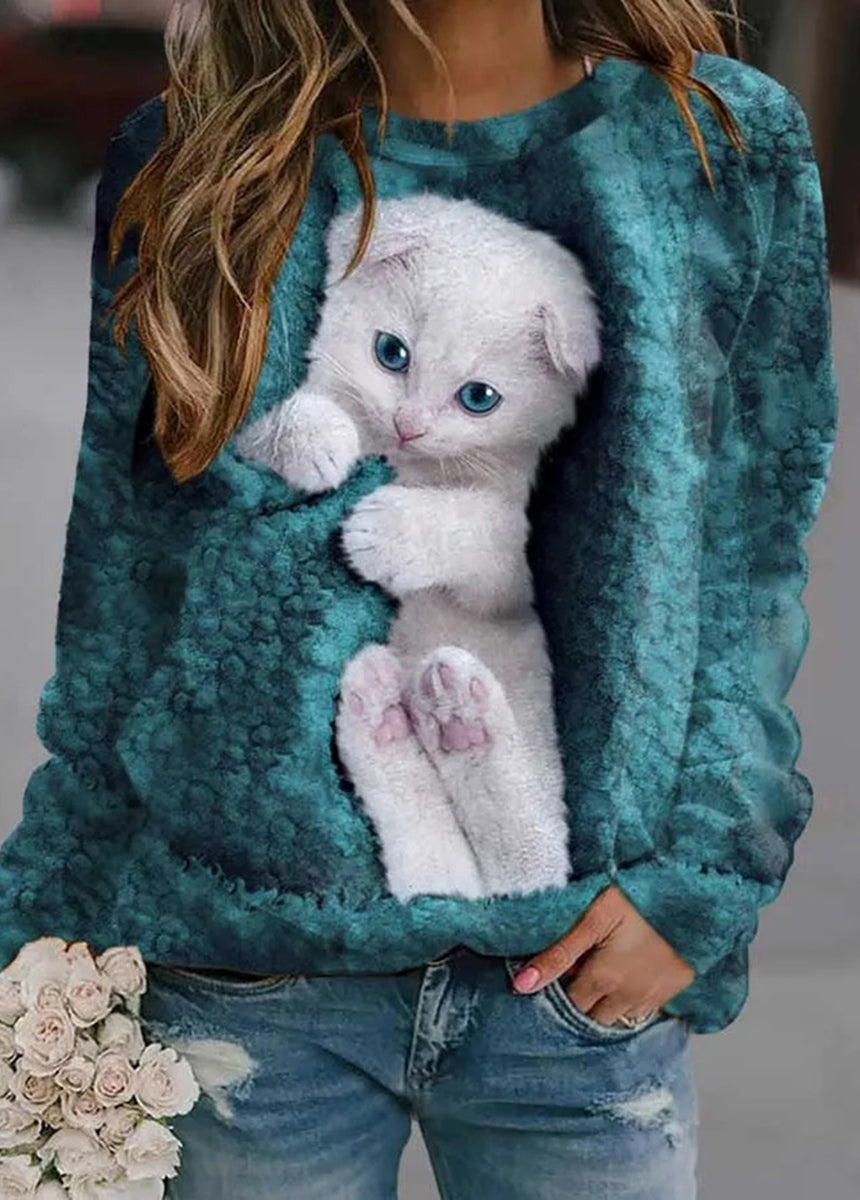 Animal Print Loose Fit Long Sleeve Round Neck T-Shirt