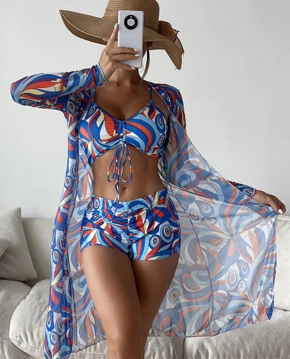 3pack Allover Print Drawstring Ruched Bikini Swimsuit