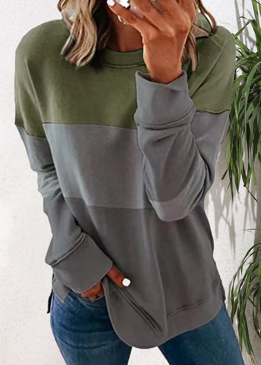 Spliced Color Block Round Neck Loose Long-sleeved Top