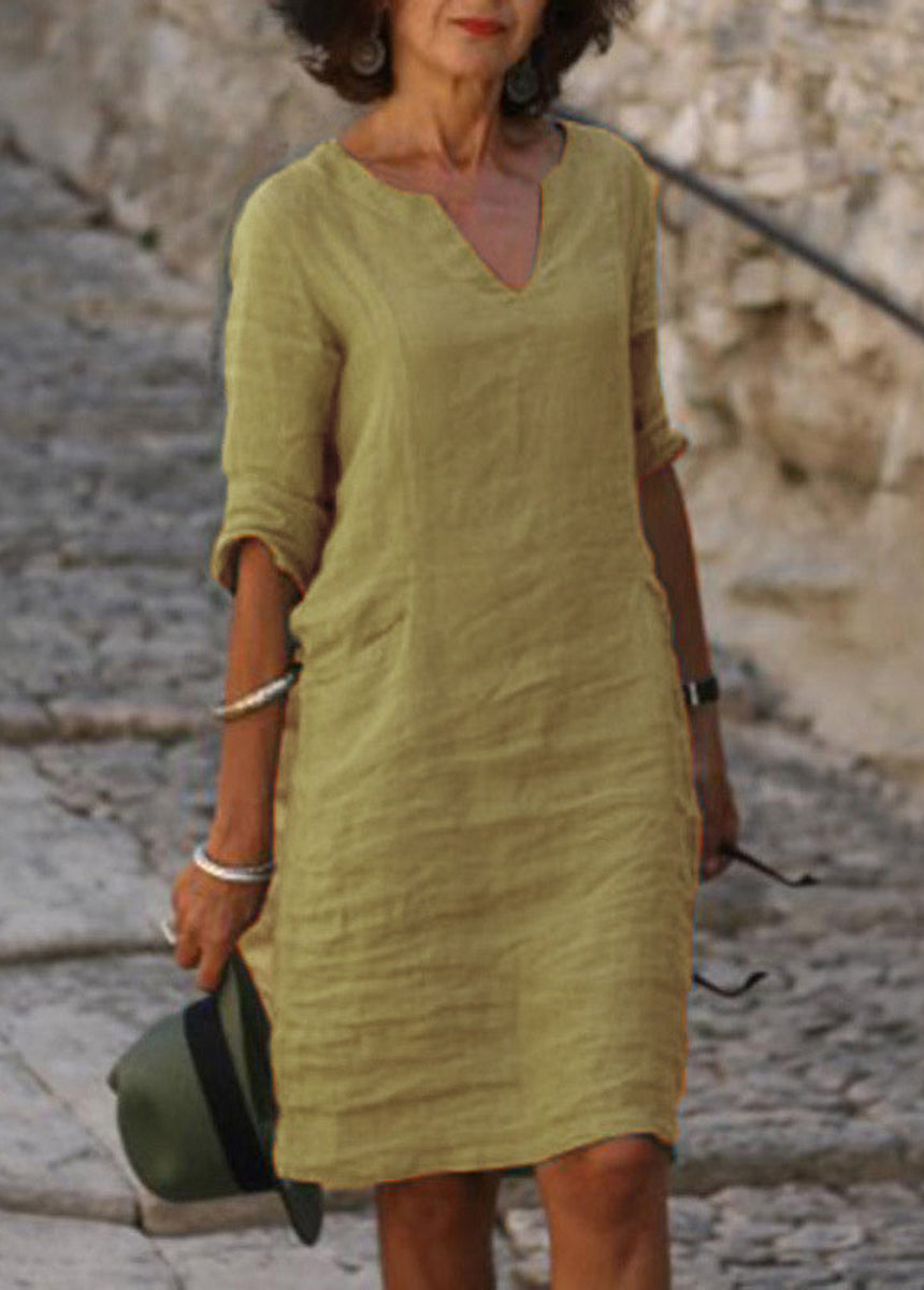 Cotton And Linen Small V-Neck Splicing Retro Solid Color Seven-Point Sleeve Dress