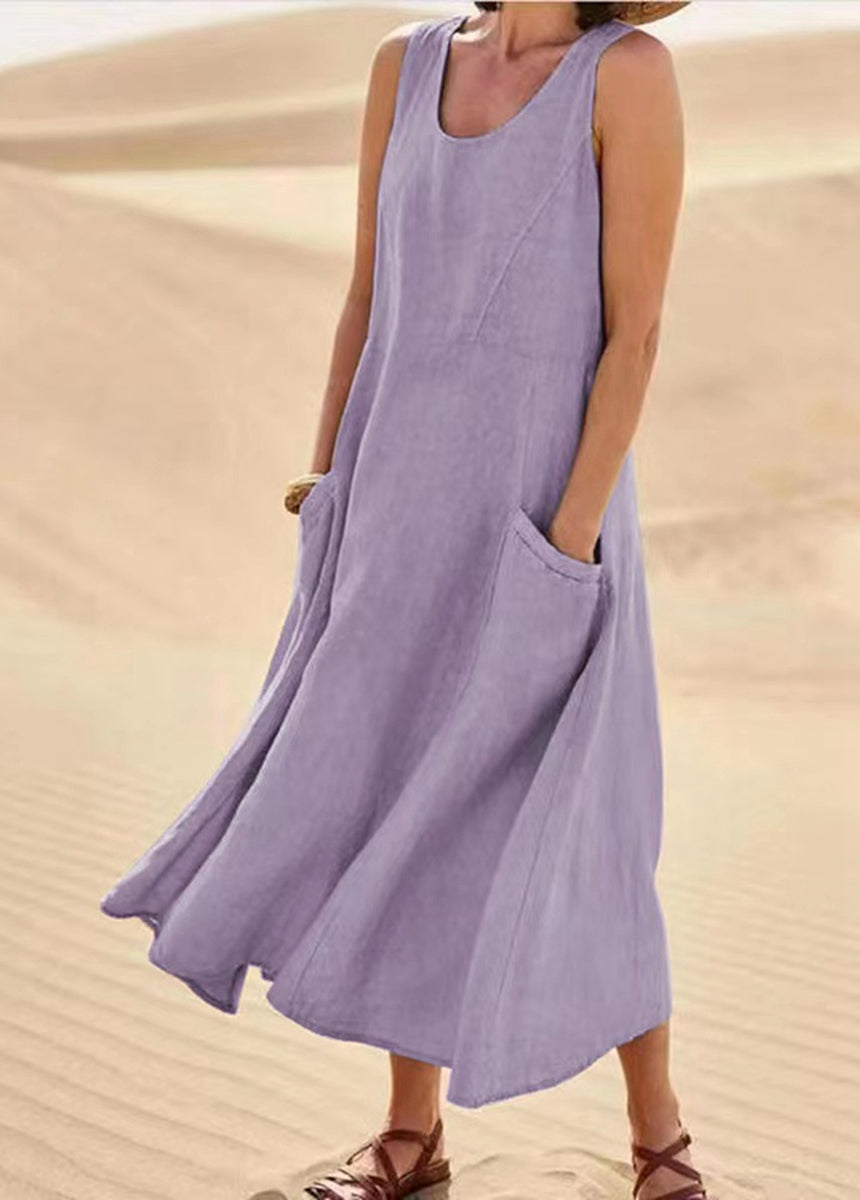 Solid Color Sleeveless Cotton And Linen Dress