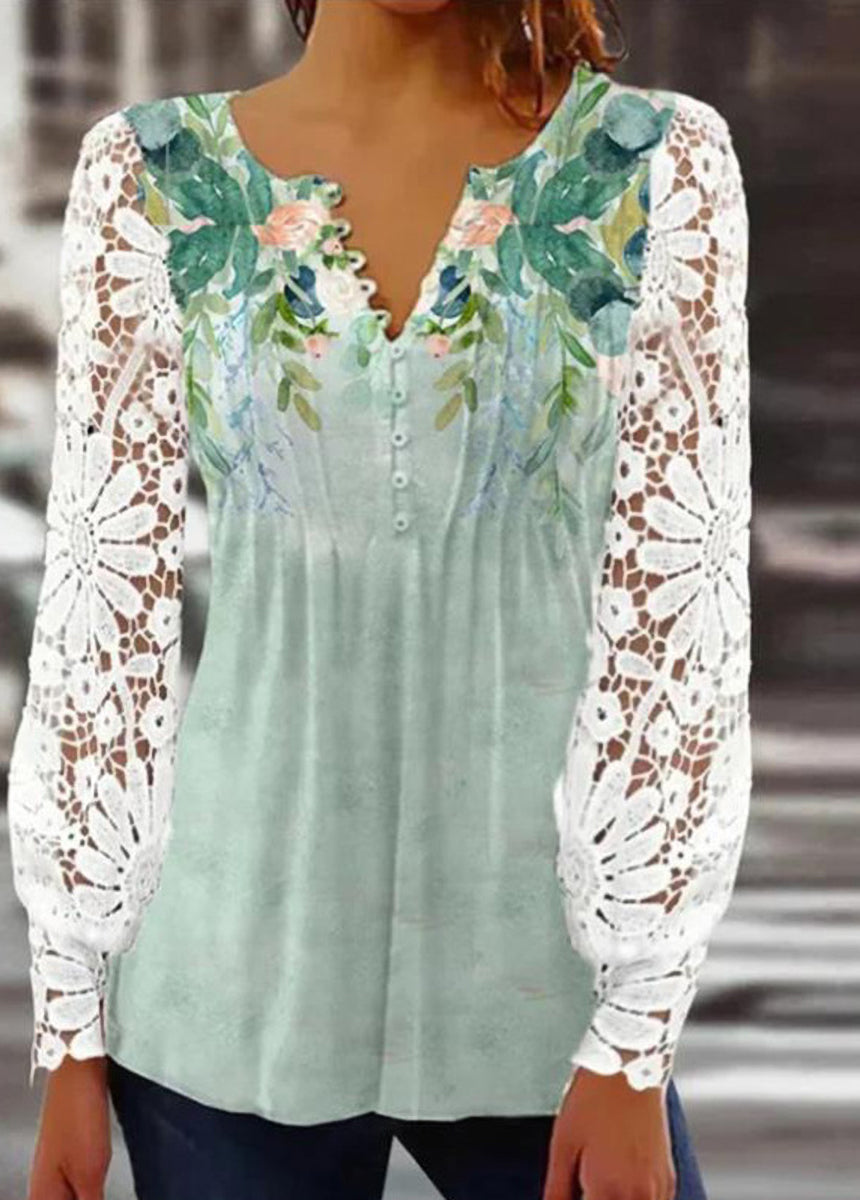 Lace Trim Pleated Solid Color Long Sleeve Button-Up T-Shirt