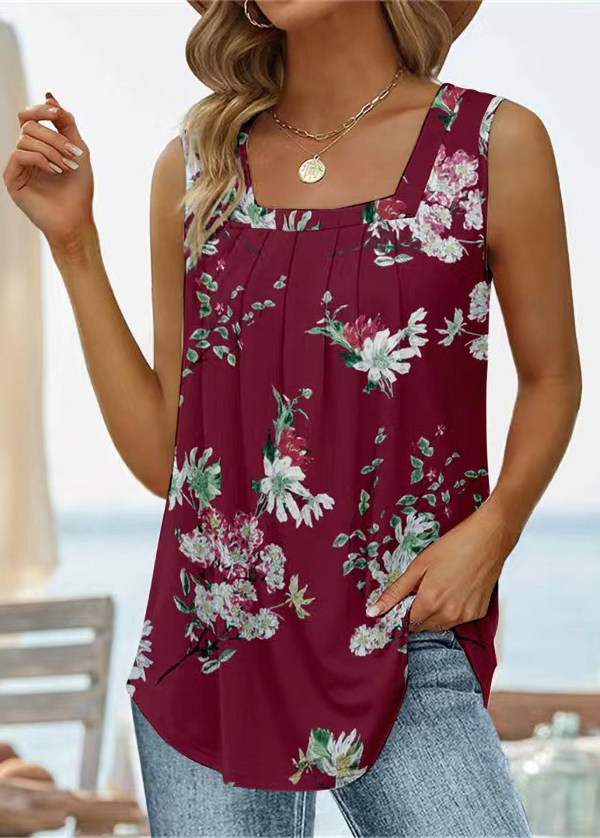 Printed Tank Top T-Shirt, Sleeveless Square Collar
