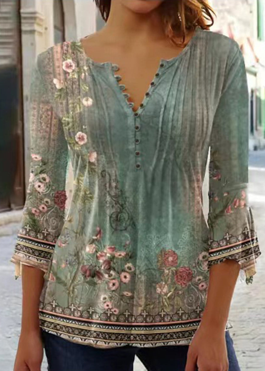 Floral Printed V-neck Short Sleeve Pleated Button-Up T-Shirt