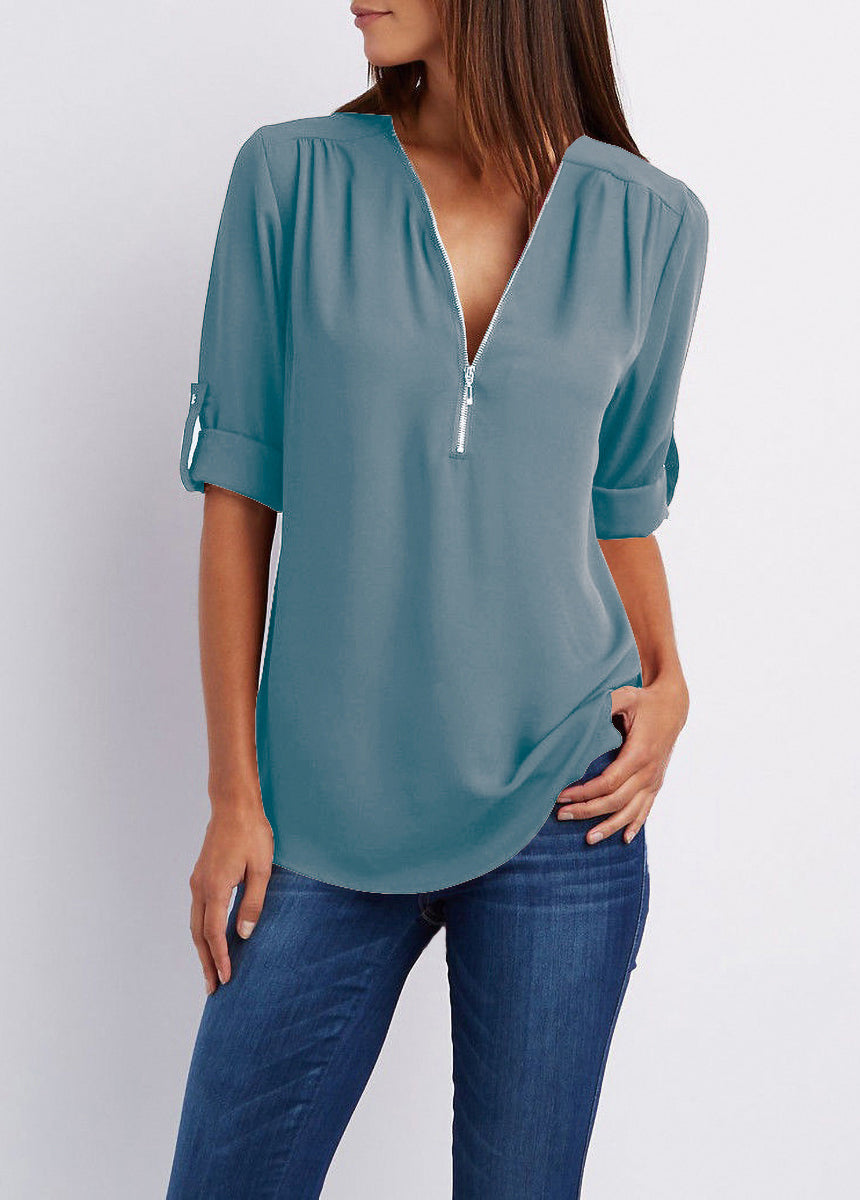 V-neck Zipper Loose Fit Chiffon Long Sleeve Shirt